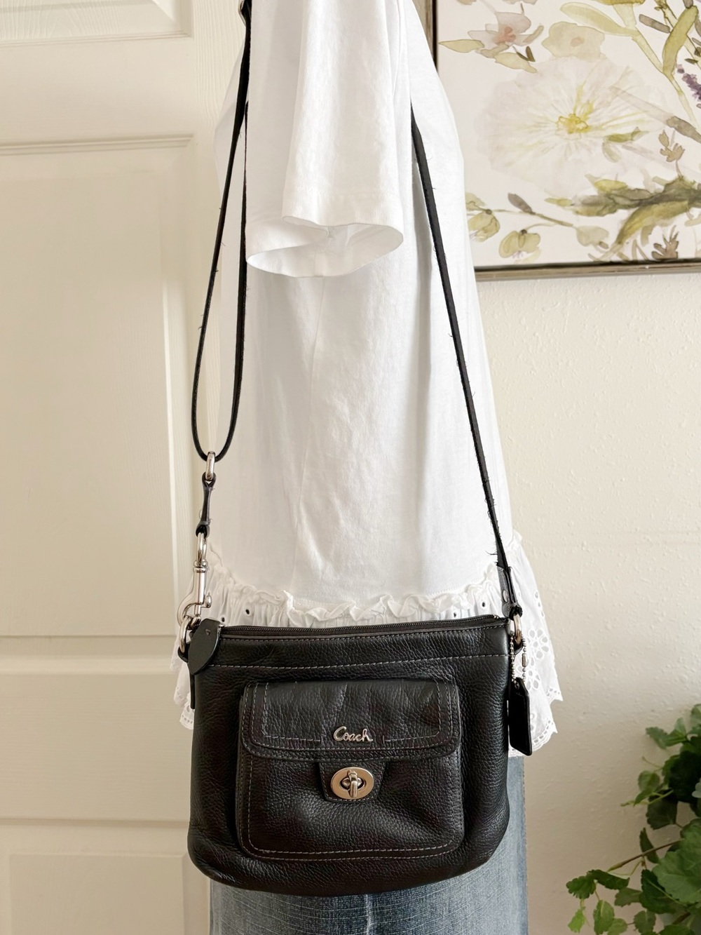 Coach Black Pebbled Leather Crossbody with Turn-Lock Pocket